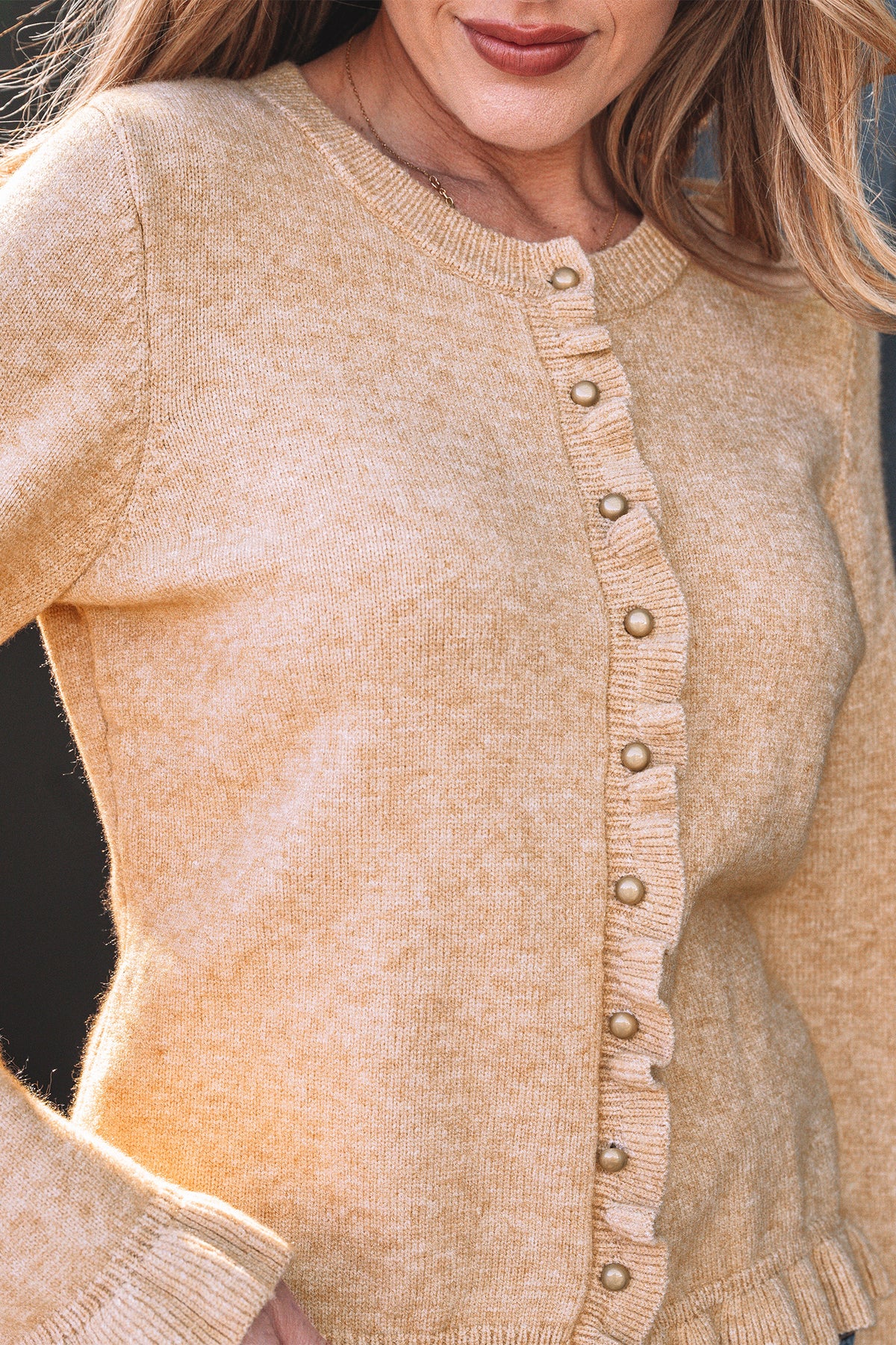 Oatmeal Ruffle Trim Gold Button Sweater Cardigan Online Only
