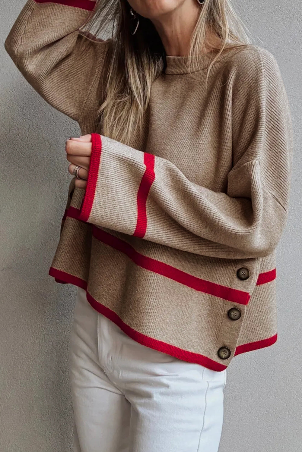 Simply Taupe Ribbed Knit Contrasted Stripe Detail Button Side Loose Sweater Online Only