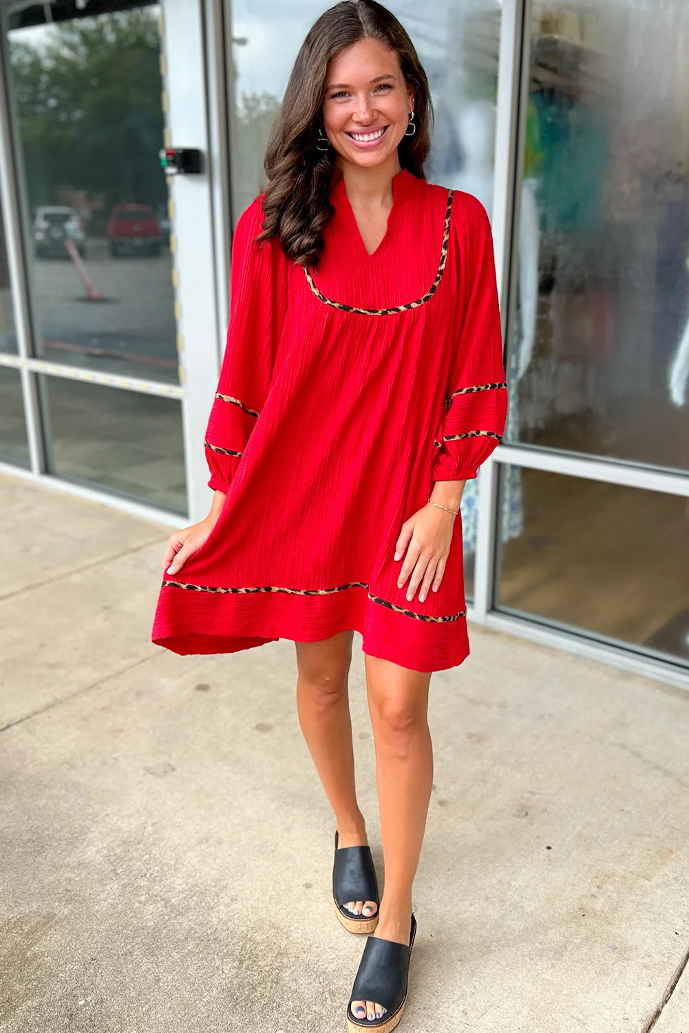 Fiery Red Textured V Neck Leopard Contrasted Trim Long Sleeve Shift Mini Dress Online Only