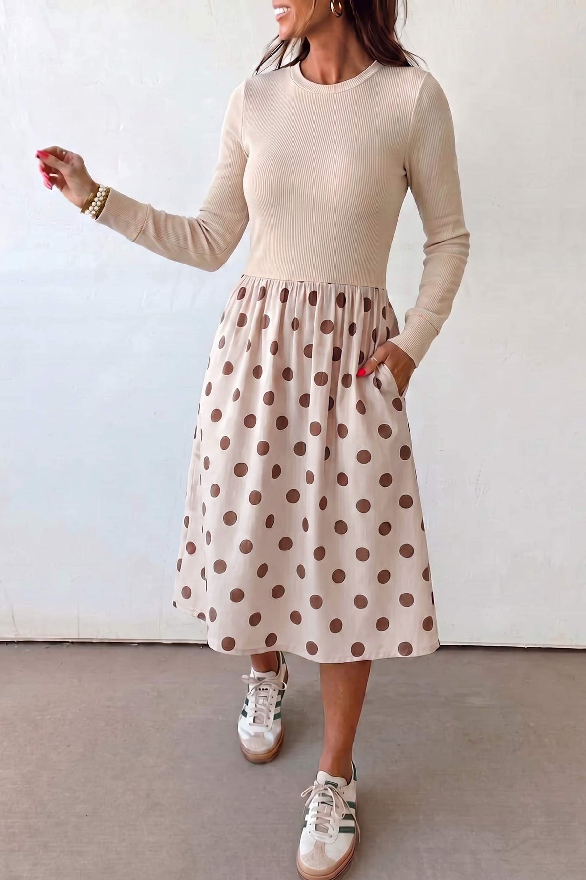 Beige Polka Dot Midi Long Sleeve Dress Online Only