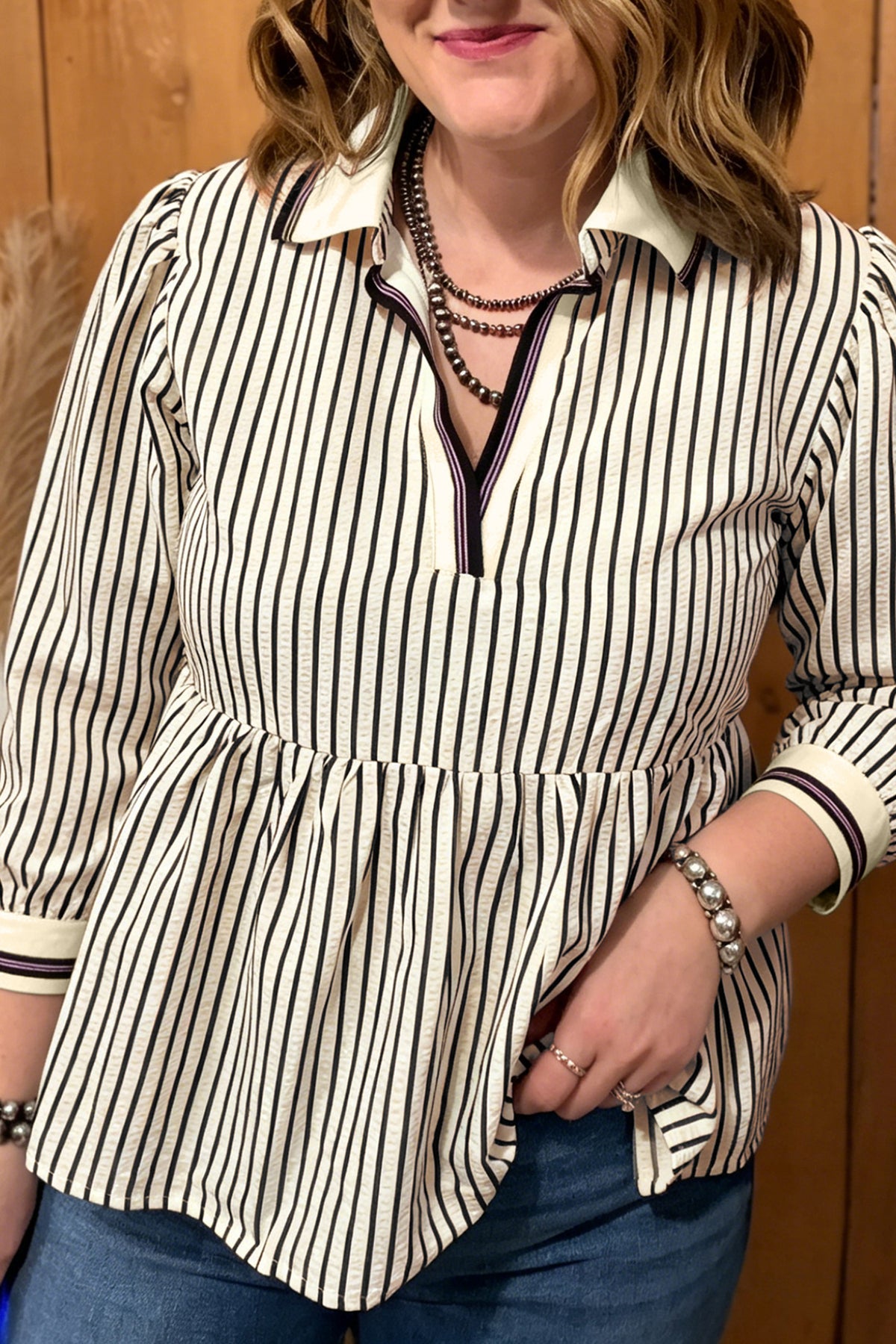 Black Stripe Patchwork Striped V Neck Tunic Plus Size Blouse Online Only