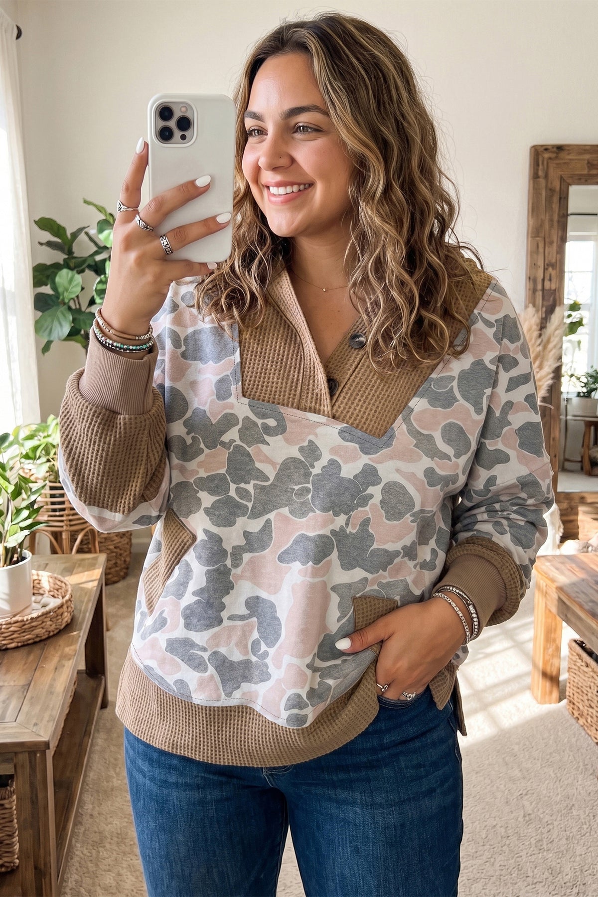 Khaki Camouflage Print Waffle Knit Patchwork Half Zip Plus Size Hoodie Online Only
