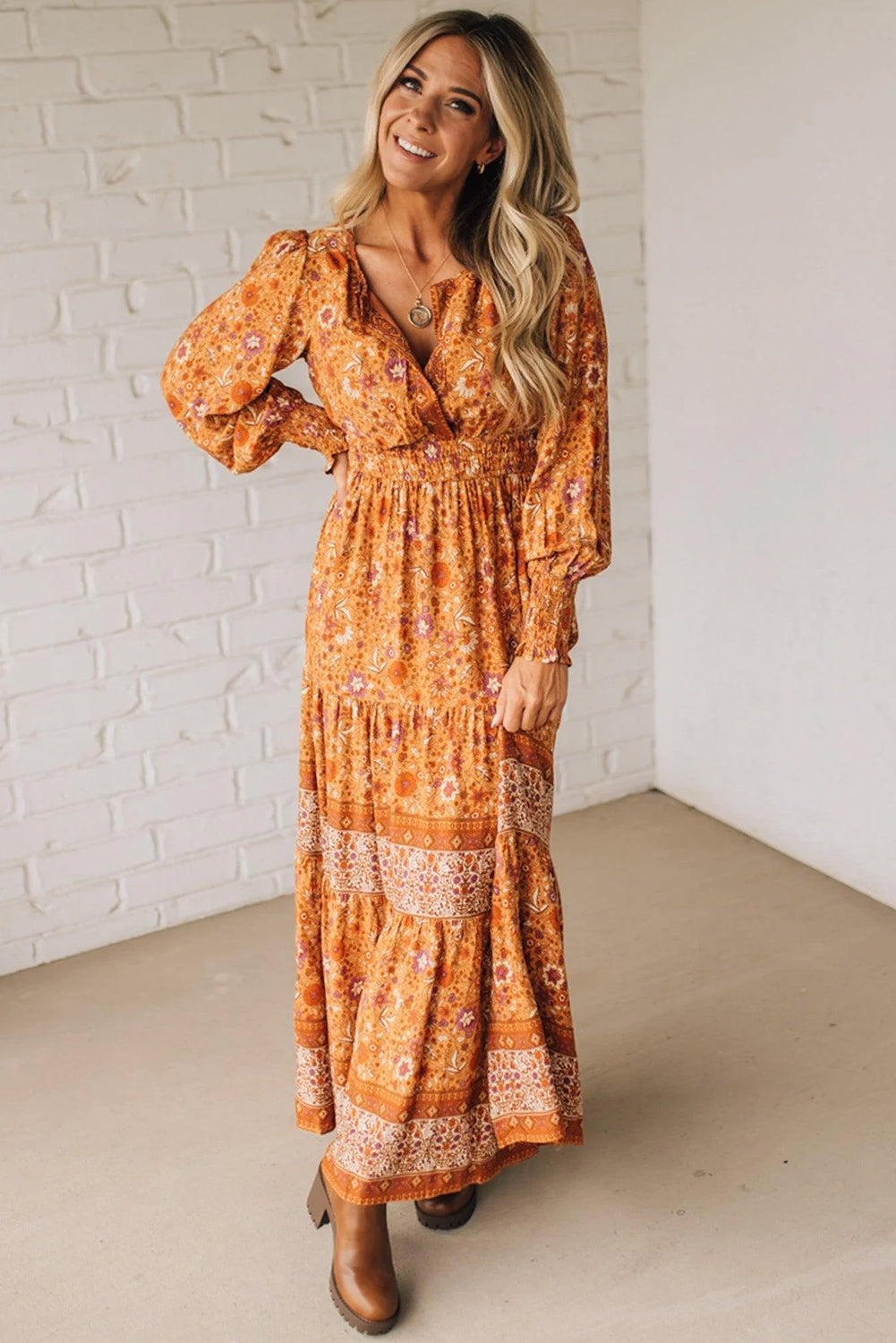 Orange Floral Print Smocked Waist Long Sleeve Boho Maxi Dress Online Only