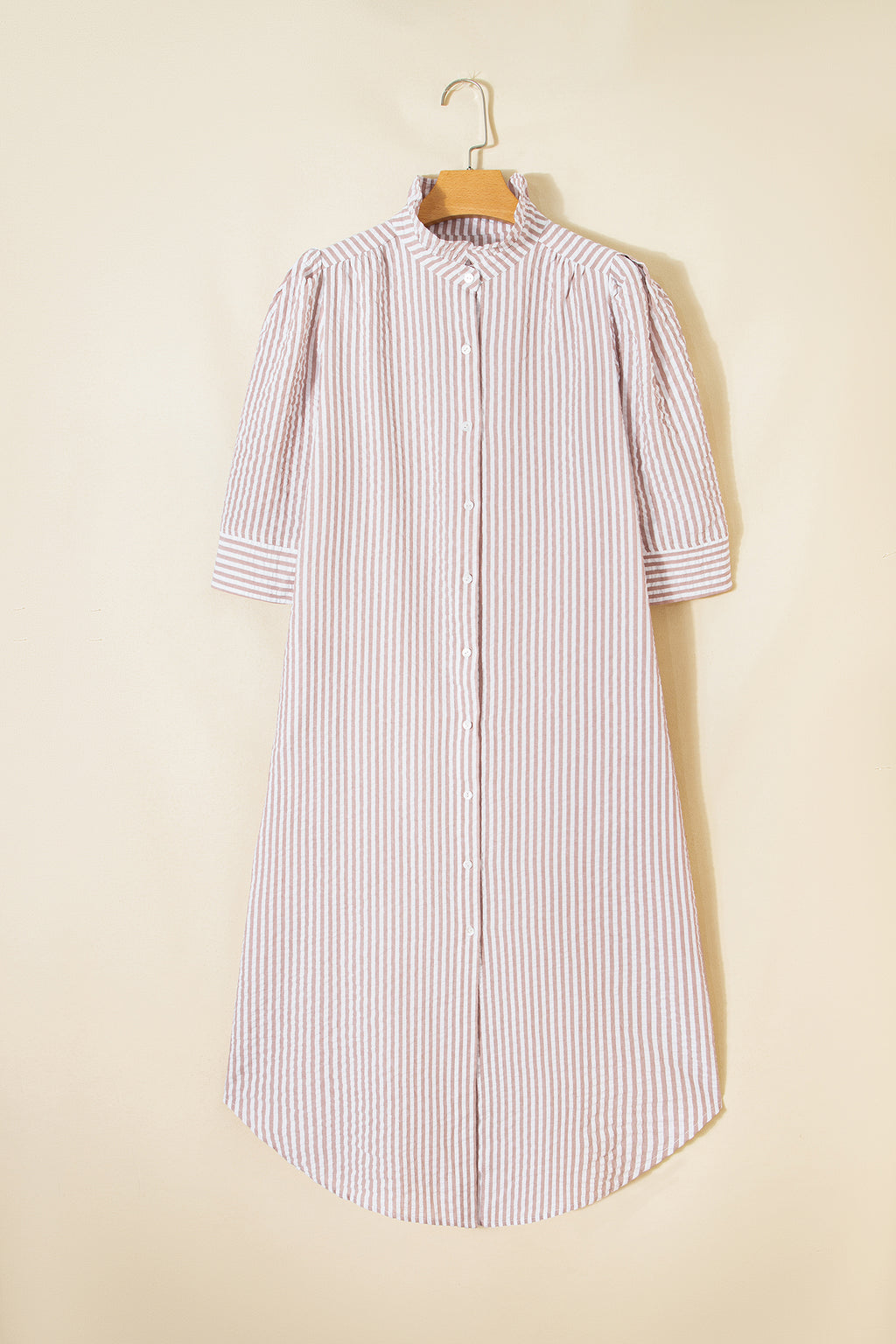 Khaki Stripe Frilled Collar Half Sleeve Shirt Maxi Dress Online Only