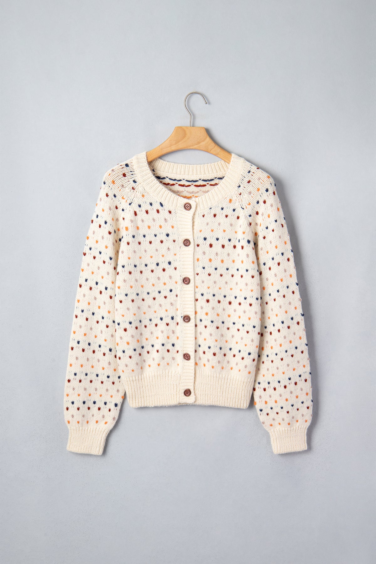 Beige Geometric Print Button Front Long Sleeve Regular Fit Cardigan Online Only
