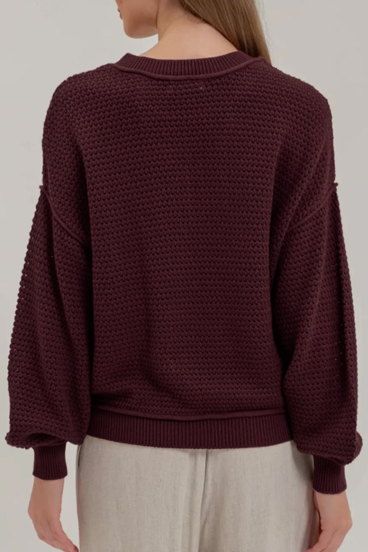 Brown Checkered Pattern Knit Loose Pullover Sweater Online Only