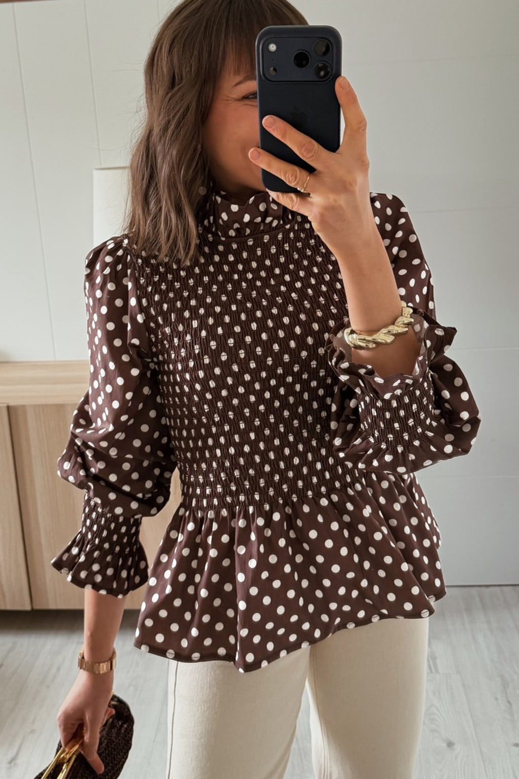 Brown Polka Dot Ruffled High Neck Shirred Ruffle Hem Blouse Online Only