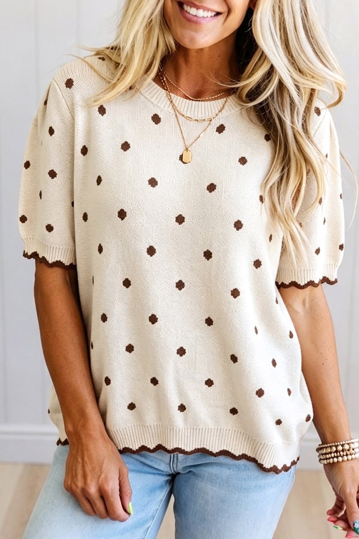 Beige Casual Polka Dot Short Sleeve Round Neck Shift Sweater Online Only