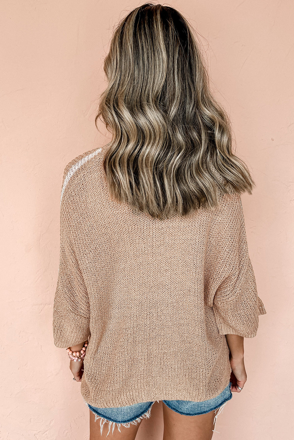 Light French Beige Contrast Striped 3/4 Sleeve Crew Neck Sweater Online Only