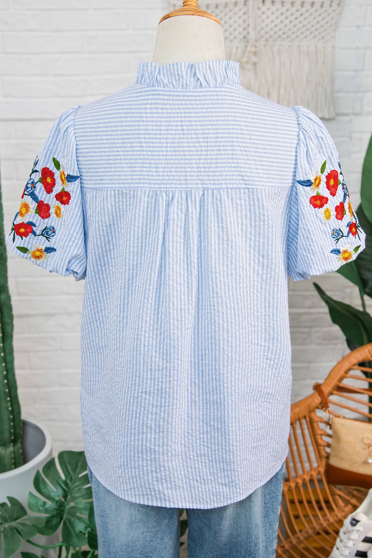 Sky Blue Stripe Floral Embroidered Puff Sleeve Ruffle Trim Shirt Online Only