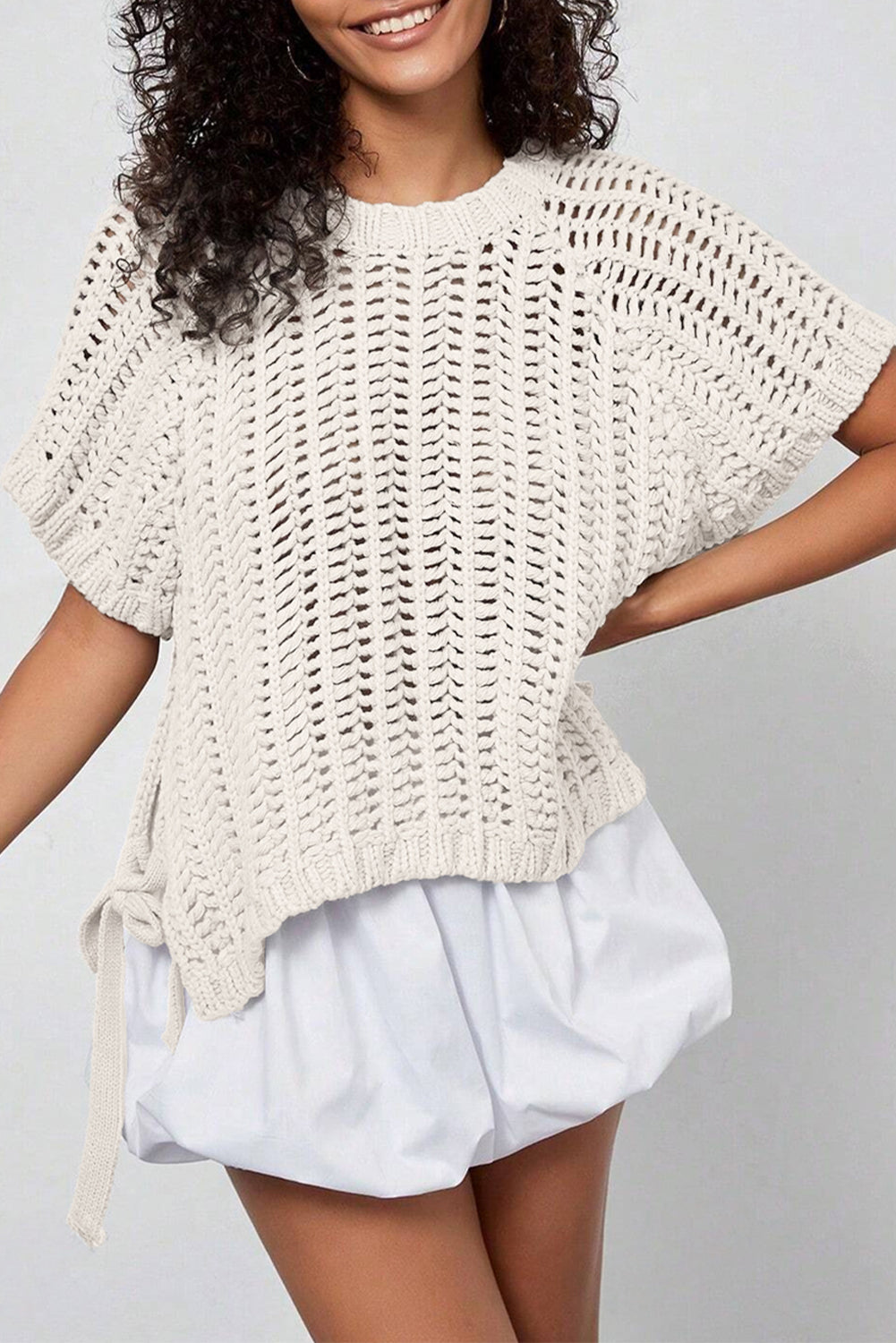 Apricot Plus Size Open Knit Bow Tie Short Sleeve Sweater Online Only