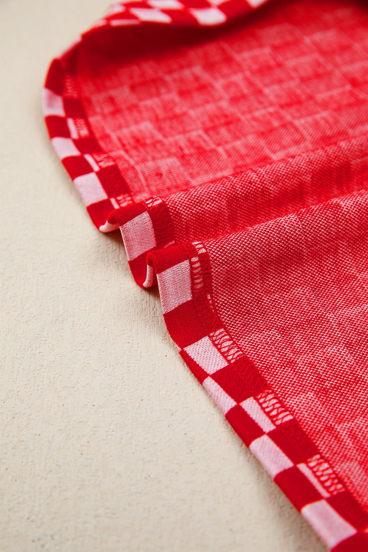 Red Checkered Print Ruffle Short Sleeve Contrast Trim Round Neck Top Online Only