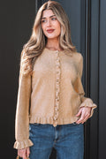 Oatmeal Ruffle Trim Gold Button Sweater Cardigan Online Only