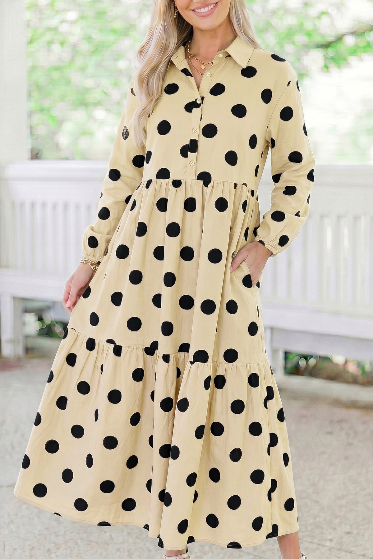 Brown Polka Dot Button Front Long Sleeve Shift Dress Online Only