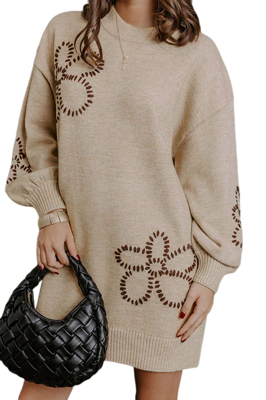 Parchment Floral Pattern Round Neck Puff Sleeve Shift Sweater Dress Online Only