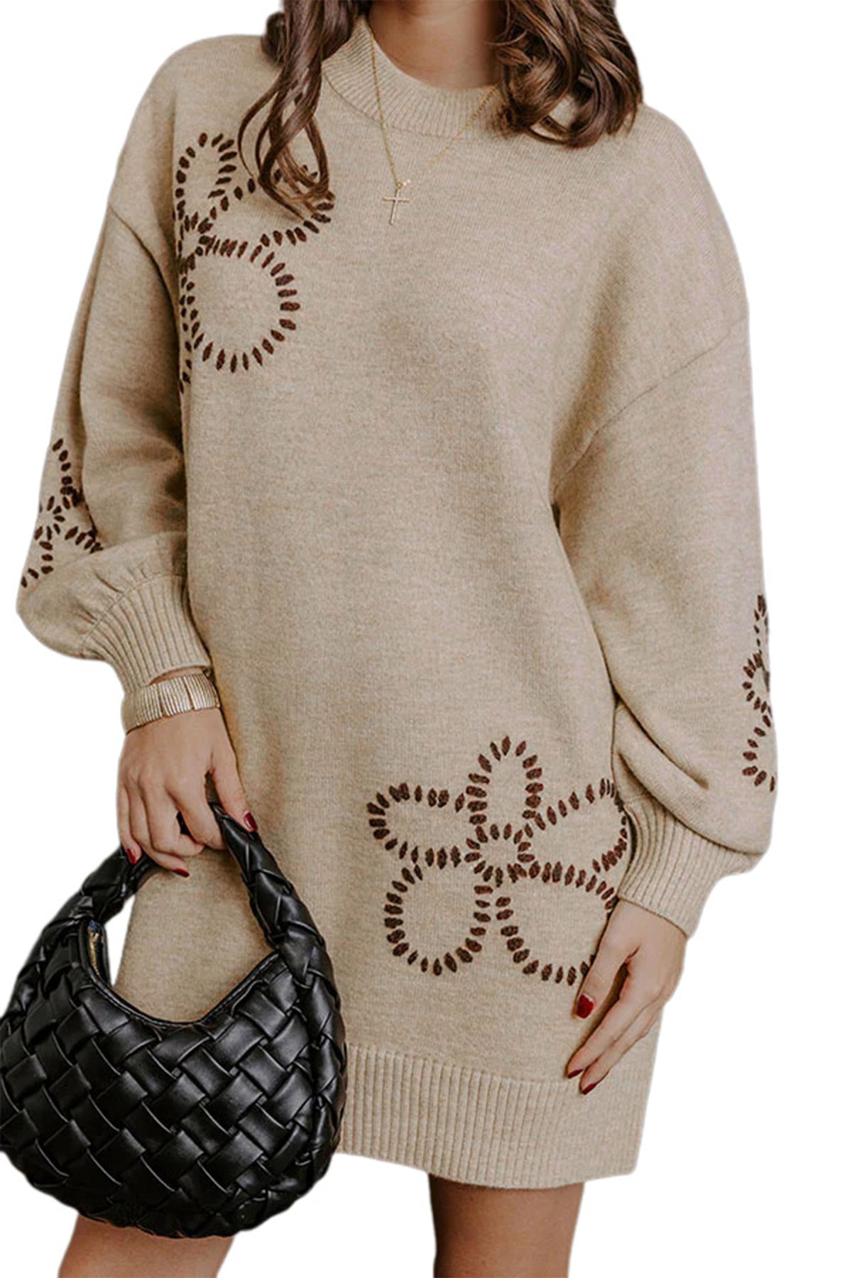 Parchment Floral Pattern Round Neck Puff Sleeve Shift Sweater Dress Online Only