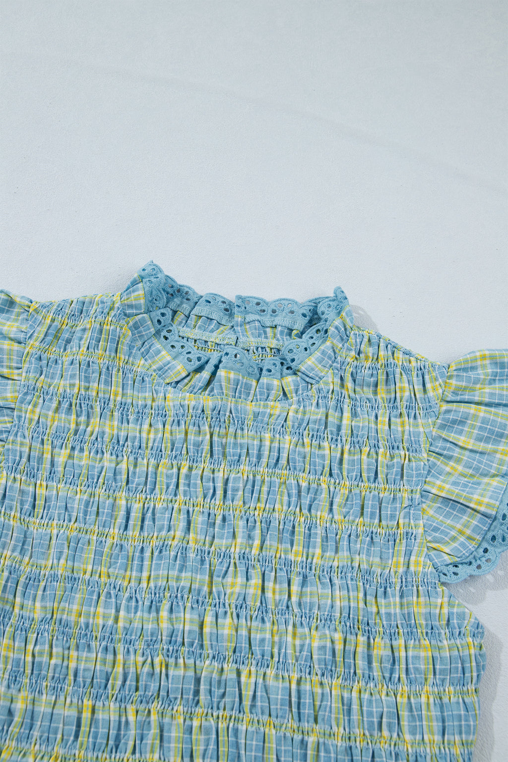 Multicolour Gingham Smoked Lace Trim Tank Top Online Only