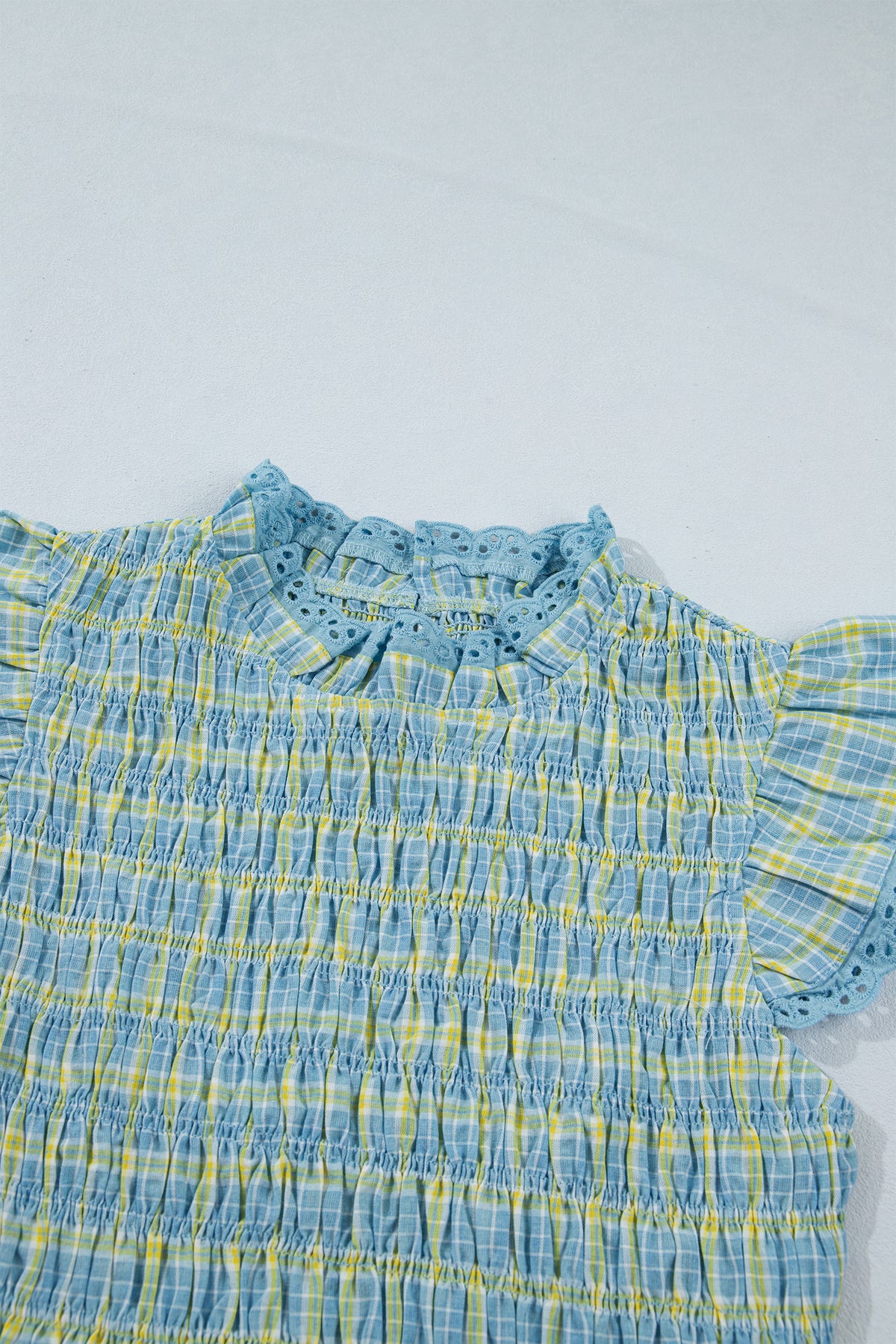 Multicolour Gingham Smoked Lace Trim Tank Top Online Only
