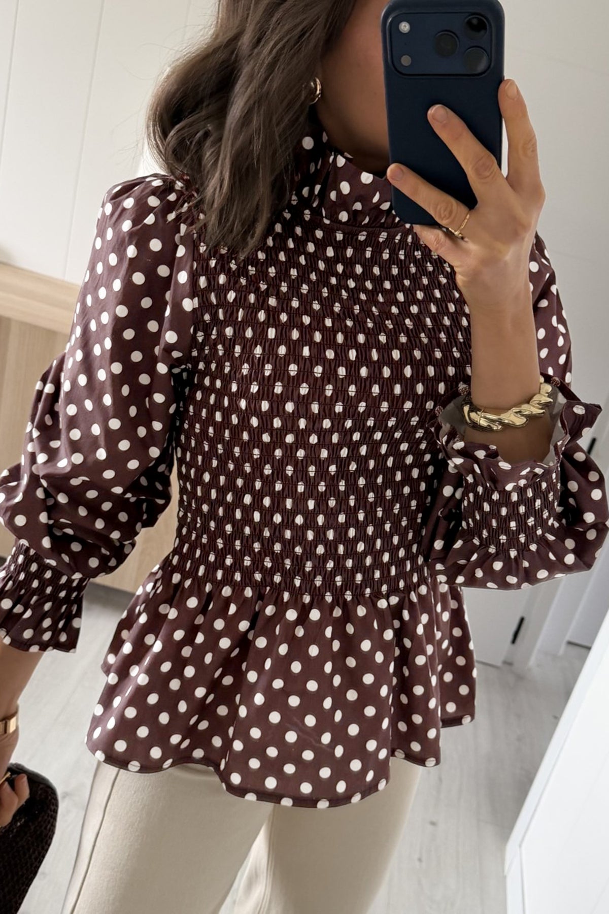Brown Polka Dot Ruffled High Neck Shirred Ruffle Hem Blouse Online Only
