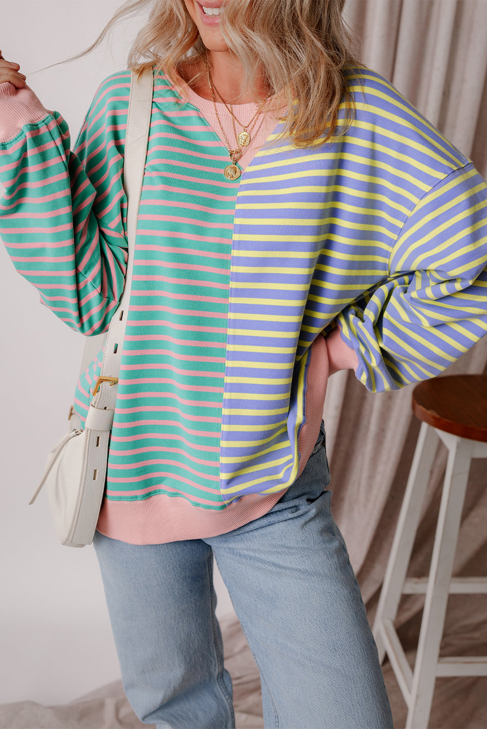 Brown Stripe Casual Stripe Colorblock Drop Shoulder Oversize Sweatshirt Online Only
