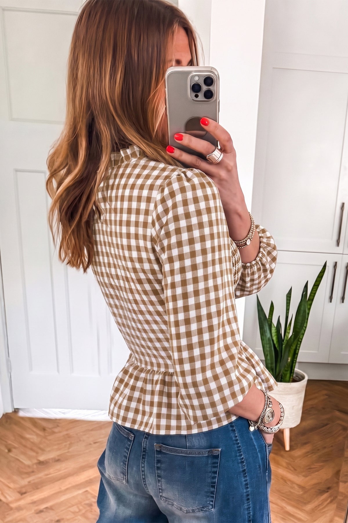Red, Brown, & Green 3/4 Sleeve Shirred Plaid Peplum Top Online Only