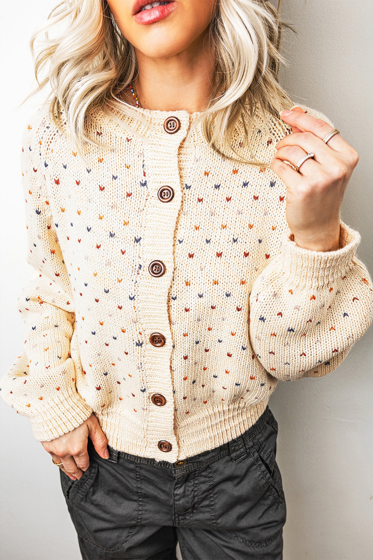 Beige Geometric Print Button Front Long Sleeve Regular Fit Cardigan Online Only