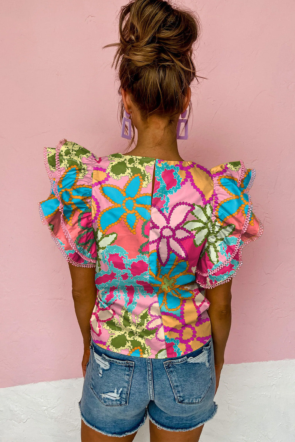 Multicolor Vibrant Floral Print Trimmed Ruffle Sleeve Blouse Online Only