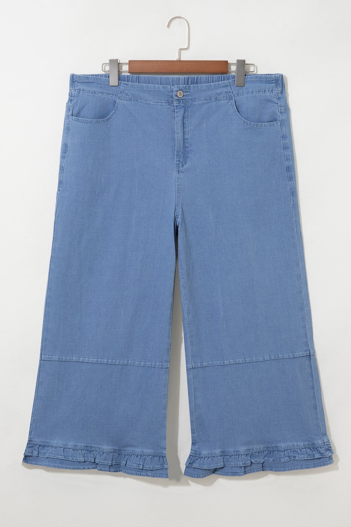 Light Blue Ruffle Hem Wide Leg Full Length Plus Size Jeans Online Only