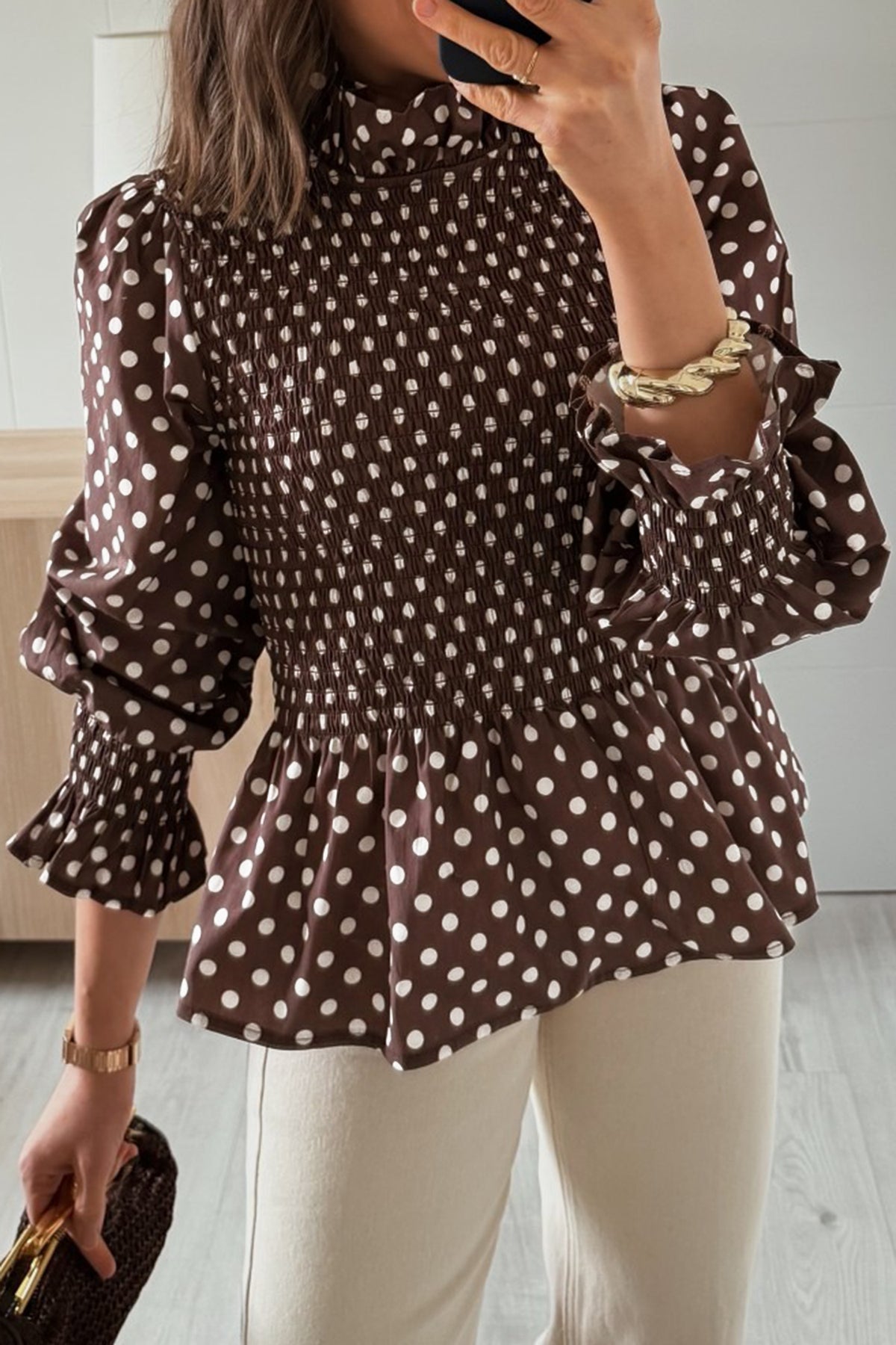 Brown Polka Dot Ruffled High Neck Shirred Ruffle Hem Blouse Online Only