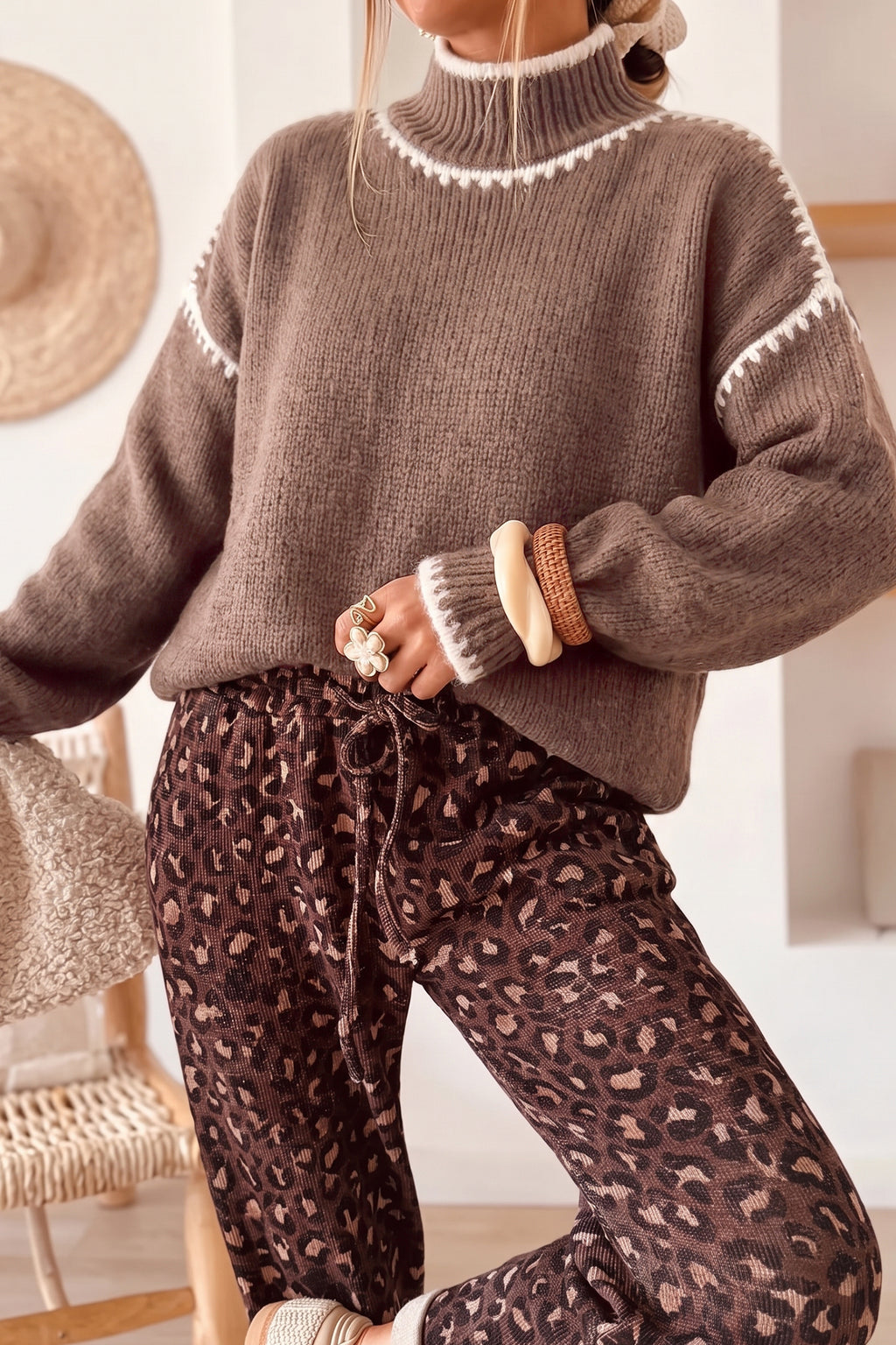 Coffee Contrast Trim Mock Neck Drop Shoulder Relaxed Sweater Online Only