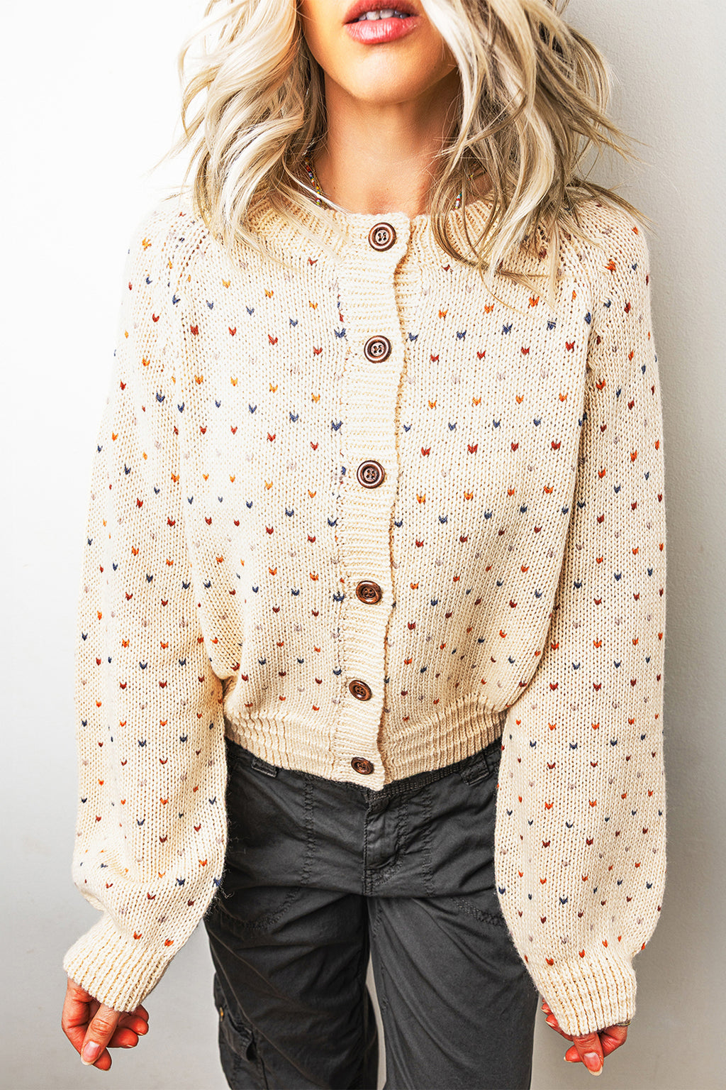Beige Geometric Print Button Front Long Sleeve Regular Fit Cardigan Online Only