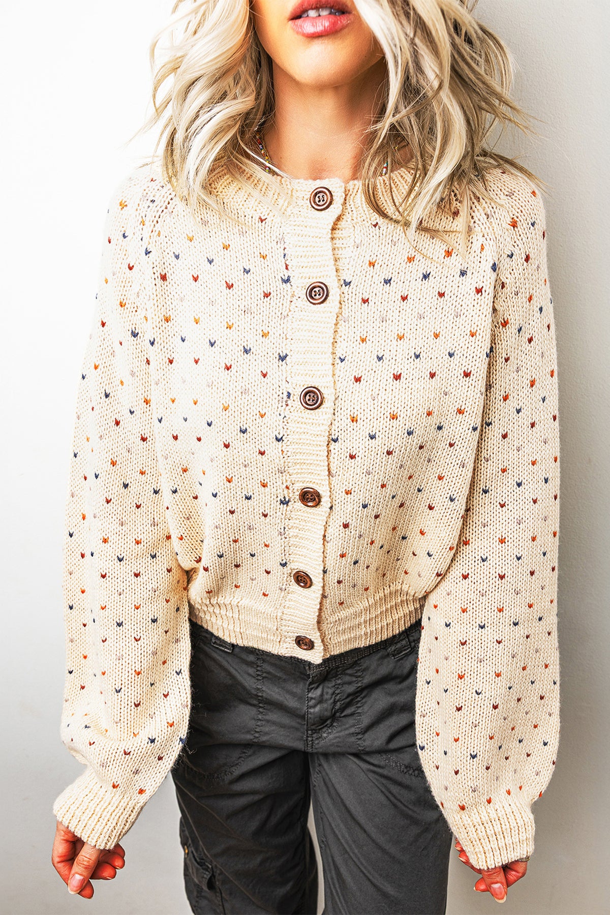 Beige Geometric Print Button Front Long Sleeve Regular Fit Cardigan Online Only