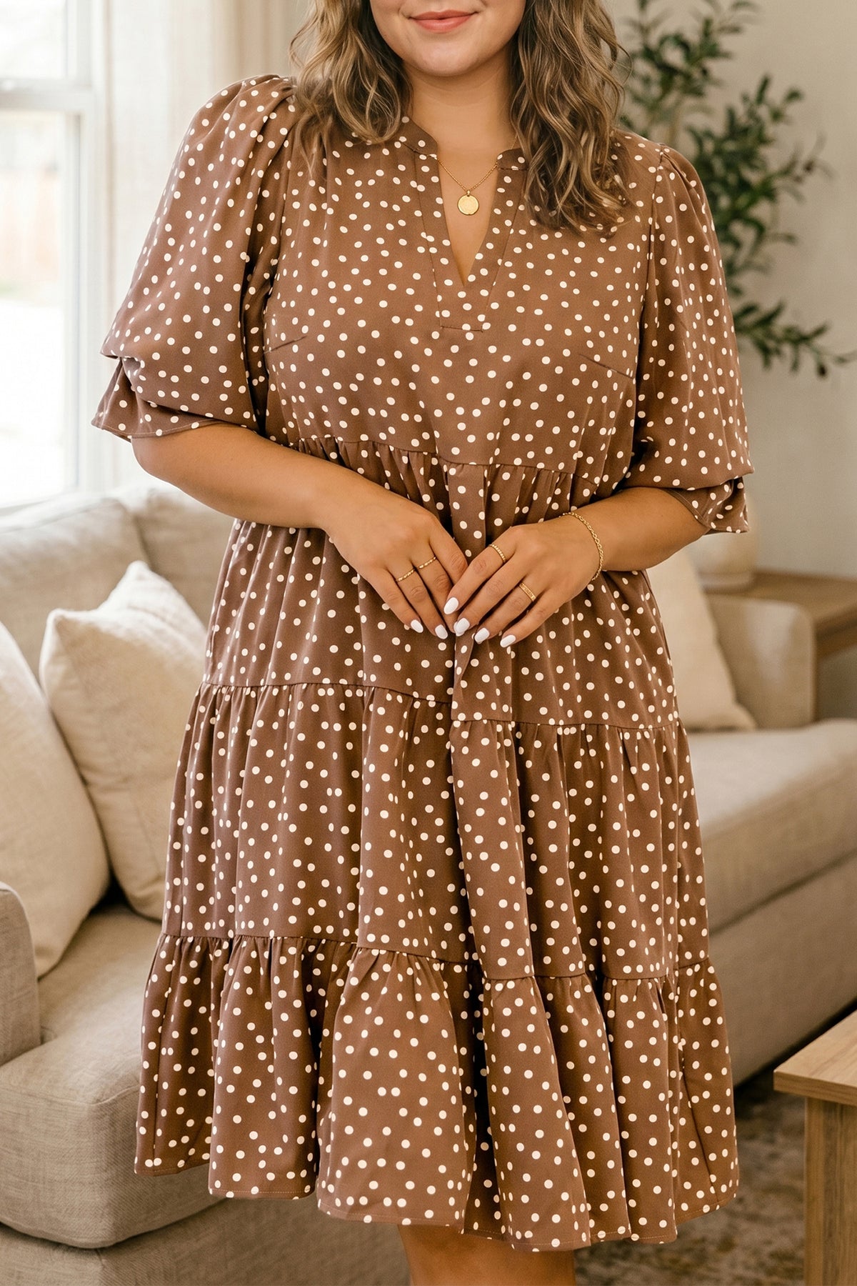 Brown V Neck Polka Dot Long Sleeve Shift Plus Size Dress Online Only
