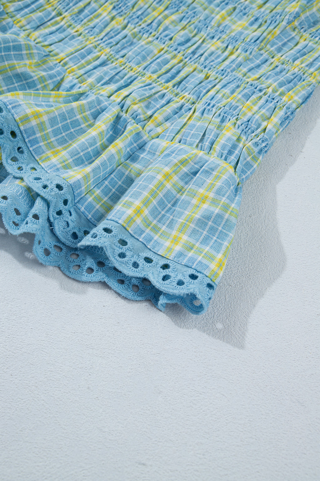 Multicolour Gingham Smoked Lace Trim Tank Top Online Only