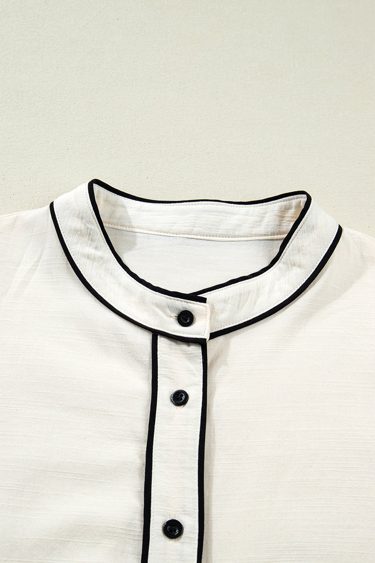 Beige Contrast Color Trim Button Down Long Puff Sleeve Shirt Online Only