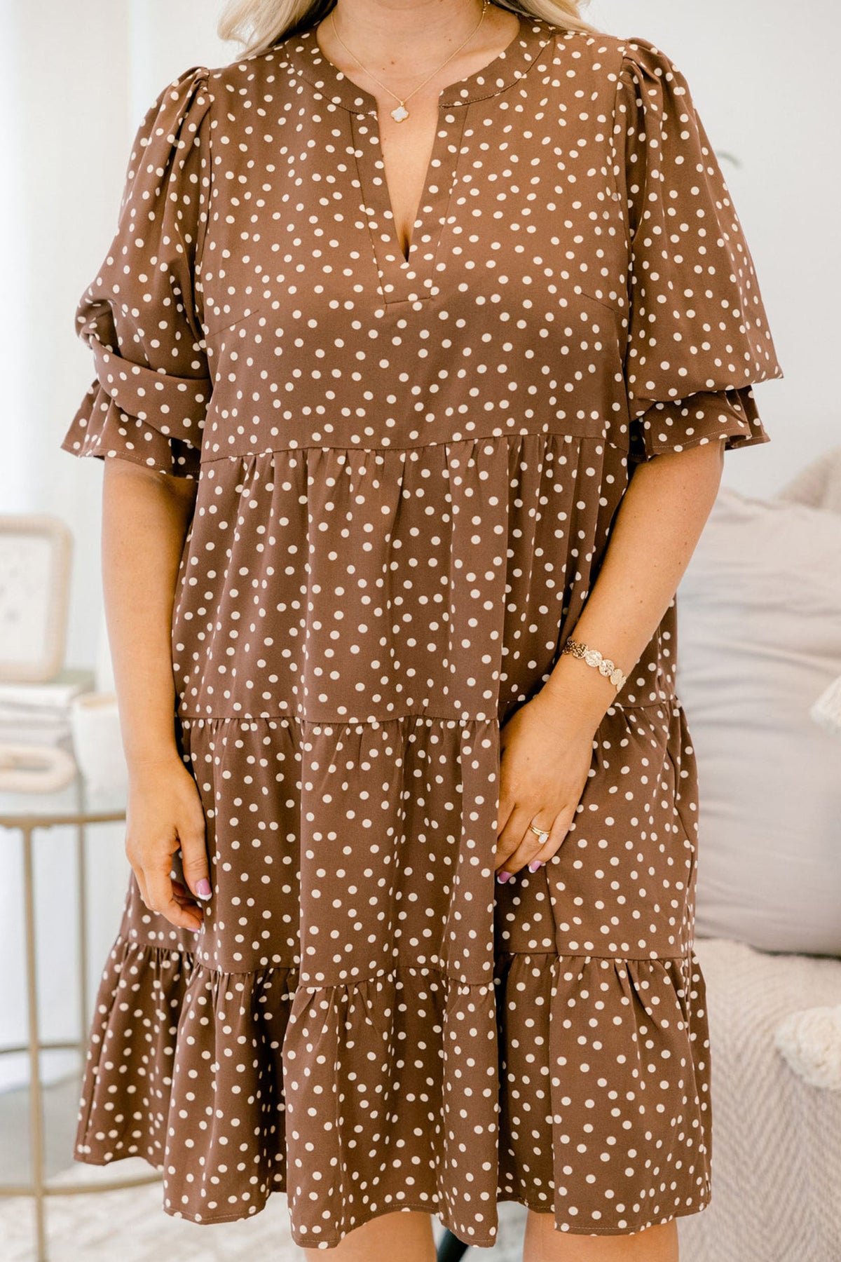 Brown V Neck Polka Dot Long Sleeve Shift Plus Size Dress Online Only
