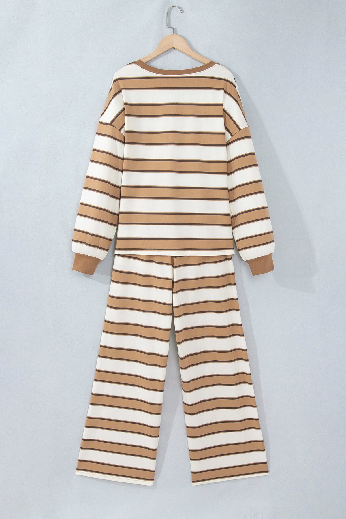 Khaki Stripe Contrast Trim Patchwork Casual Two-Piece Pants Set Online Only
