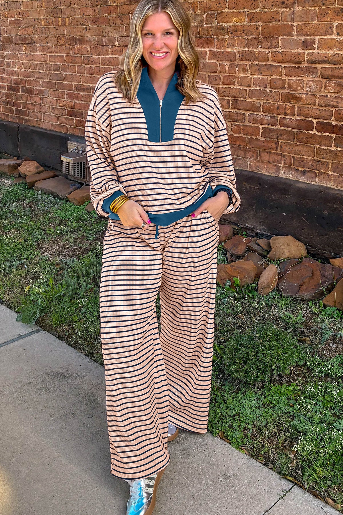 Pink Stripe Striped Colorblock V Neck Long Sleeve Plus Size Set Online Only