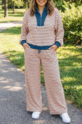 Pink Stripe Striped Colorblock V Neck Long Sleeve Plus Size Set Online Only
