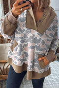 Khaki Camouflage Print Waffle Knit Patchwork Half Zip Plus Size Hoodie Online Only