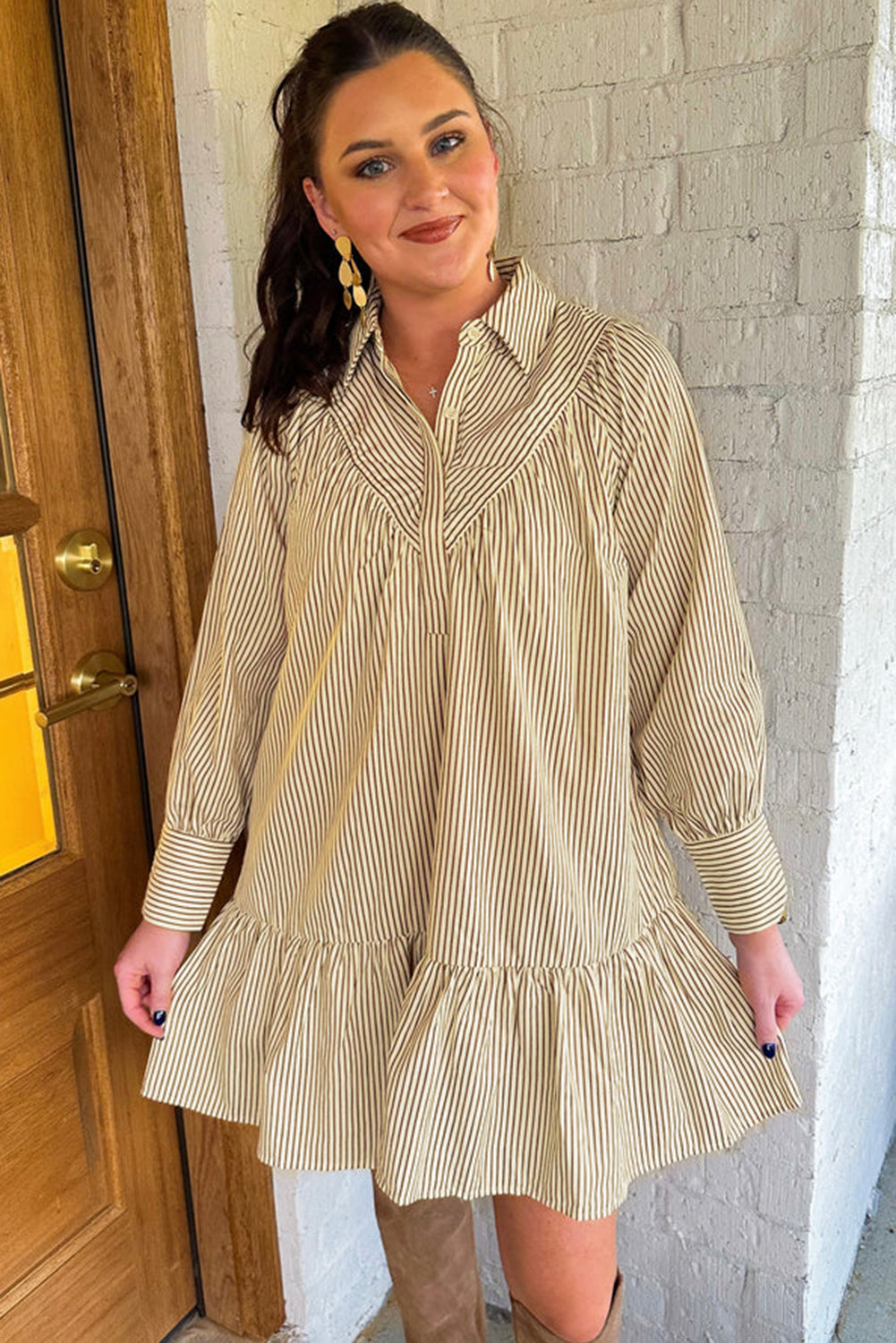 Brown Stripe Collared Neck Cuffed Long Sleeve Drop Waist Mini Dress Online Only