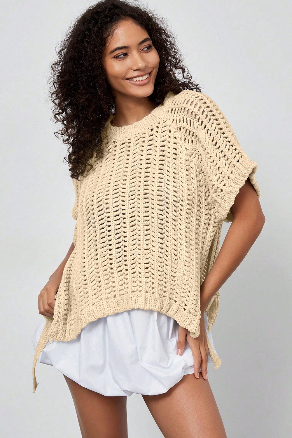 Apricot Plus Size Open Knit Bow Tie Short Sleeve Sweater Online Only