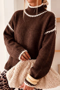 Coffee Contrast Trim Mock Neck Drop Shoulder Relaxed Sweater Online Only
