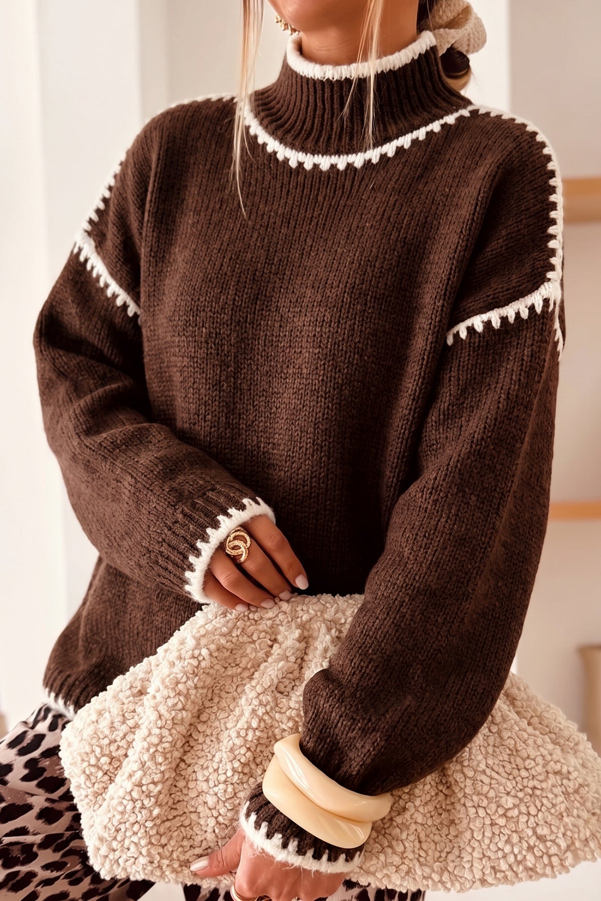 Coffee Contrast Trim Mock Neck Drop Shoulder Relaxed Sweater Online Only