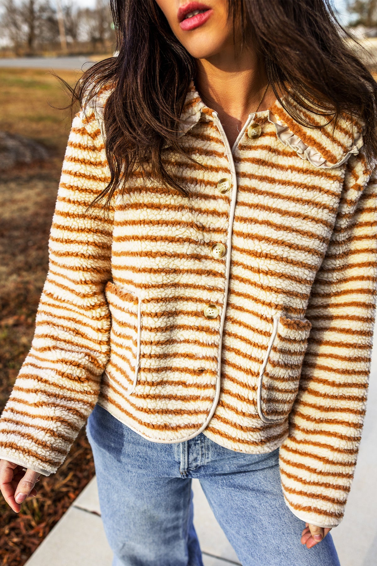 Brown Stripe Striped Fleece Button Front Long Sleeve Regular Fit Jacket Online Only