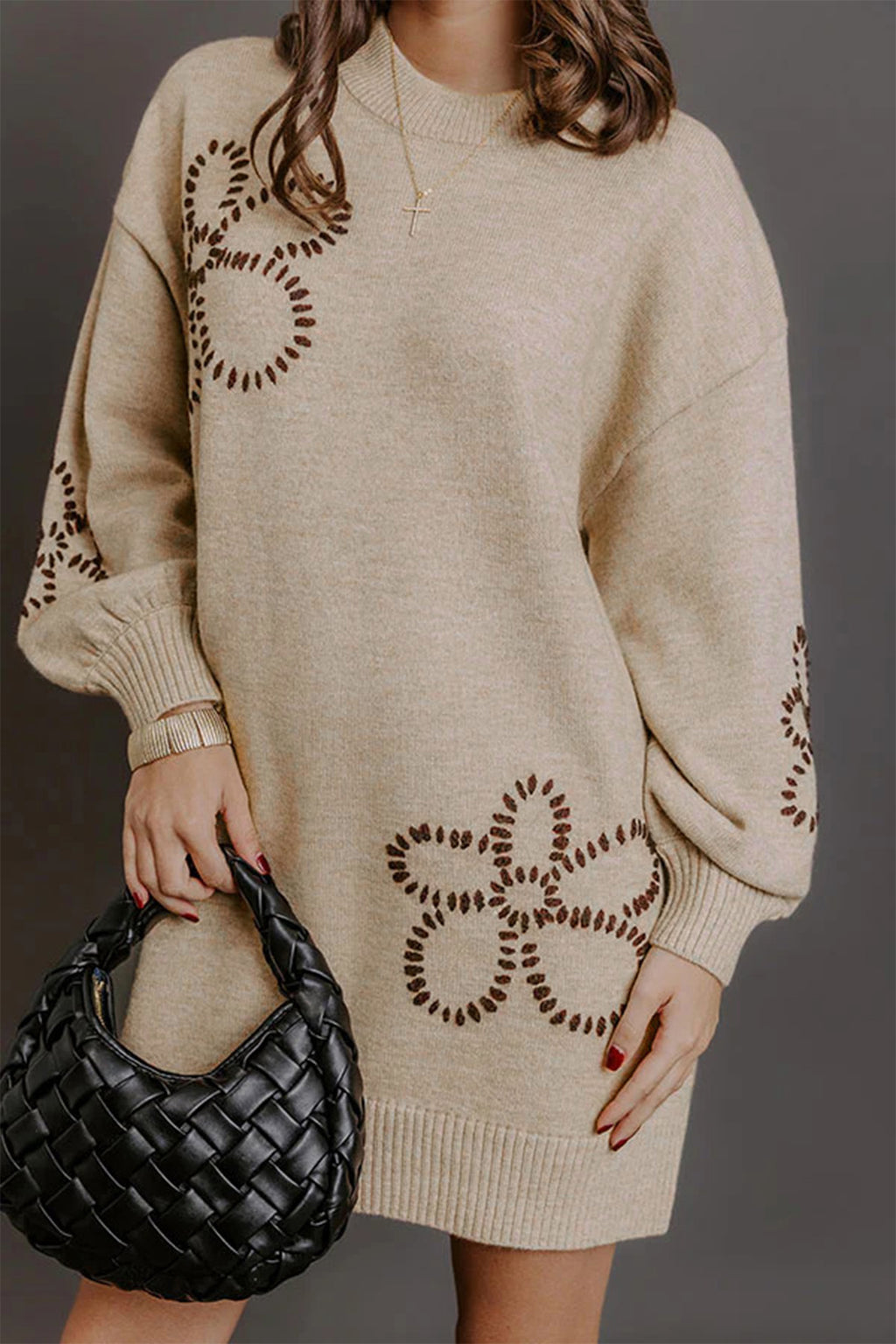 Parchment Floral Pattern Round Neck Puff Sleeve Shift Sweater Dress Online Only