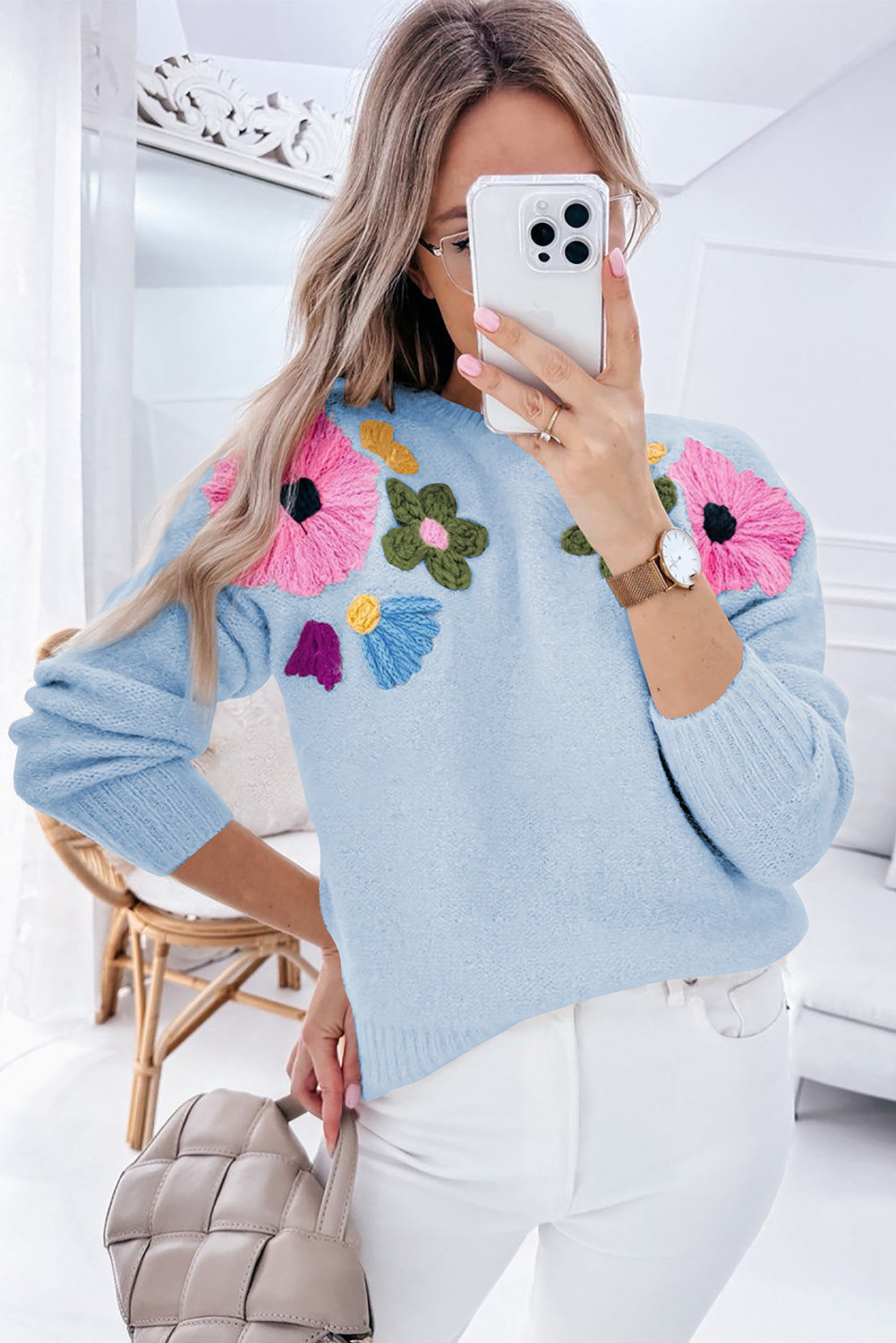 Light Blue Knitted Flower Pattern Ribbed Edge Sweater Online Only