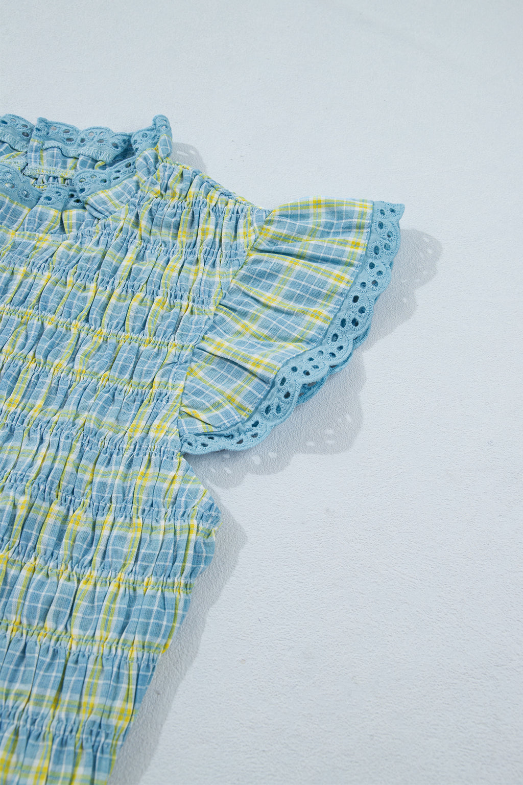 Multicolour Gingham Smoked Lace Trim Tank Top Online Only