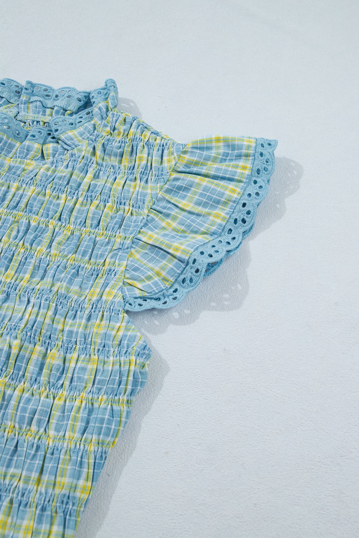 Multicolour Gingham Smoked Lace Trim Tank Top Online Only
