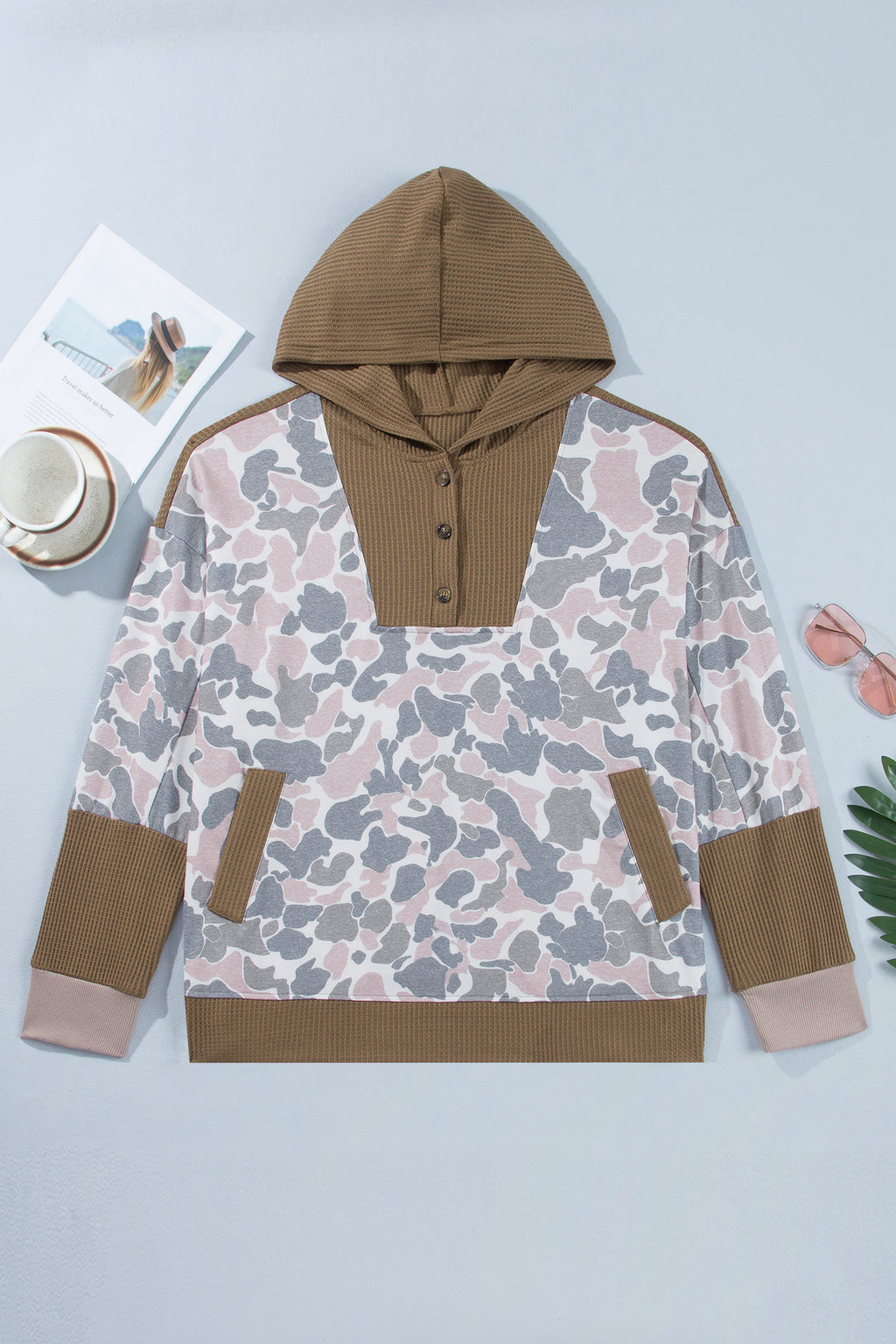 Khaki Camouflage Print Waffle Knit Patchwork Half Zip Plus Size Hoodie Online Only